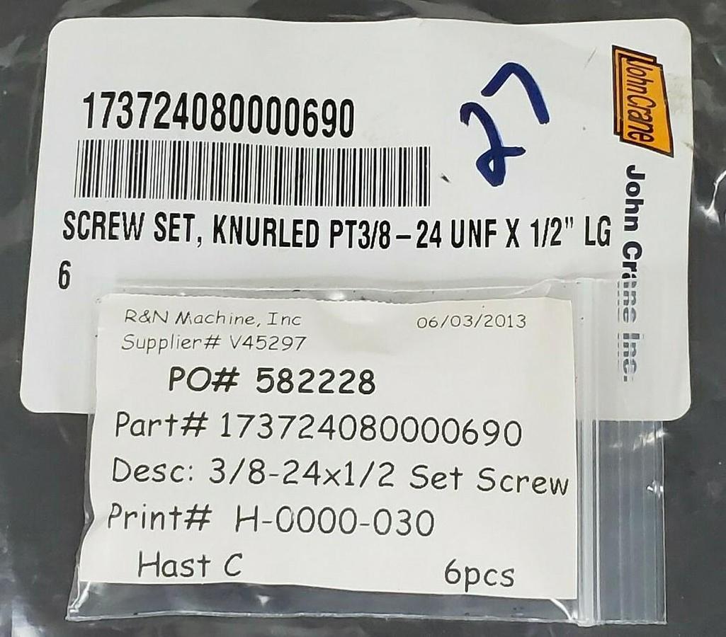 Used NEW JOHN CRANE 173724080000690 SCREW SET, KNURLED PT3/8-24 UNF X 1/2'' LG (6)
