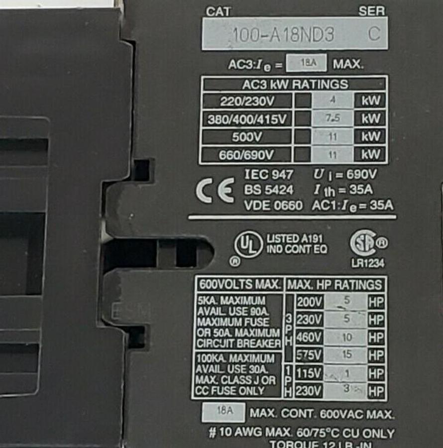 Used ALLEN BRADLEY 100-A18ND3 CONTACTOR, SERIES C, 18A, 3P, 110/120VAC, 100A18ND3