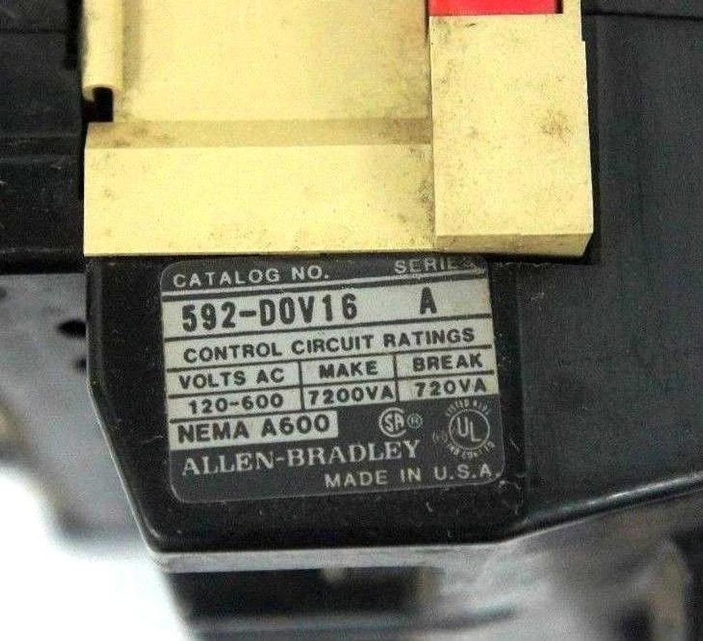 Used ALLEN BRADLEY 592-D0V16 OVERLOAD RELAY SER.A, 120-600 VAC, NEMA A600, 592D0V16