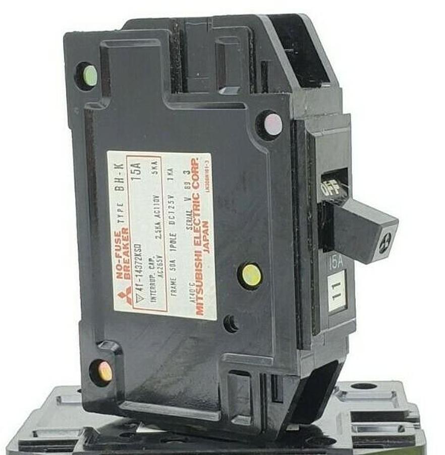 Used LOT OF 4 MITSUBISHI TYPE BH-K CIRCUIT BREAKERS 41-14372KSD, 15A