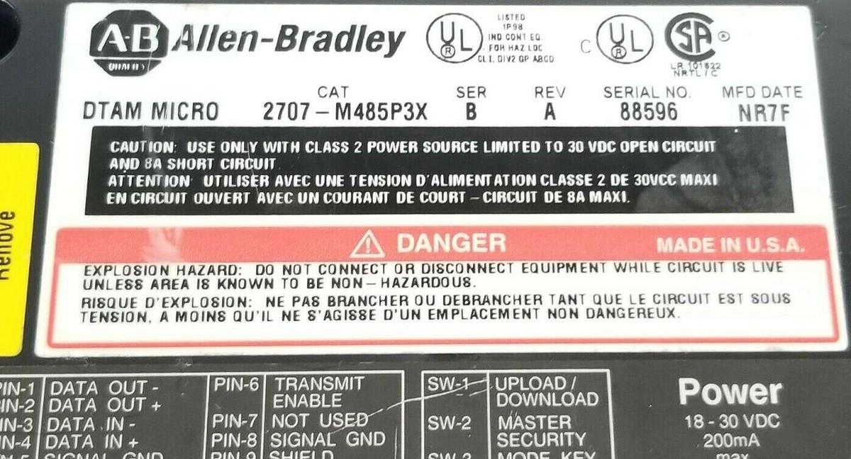 Used ALLEN BRADLEY 2707-M485P3X DTAM MICRO OPERATOR INTERFACE SER. B (REPAIRED)
