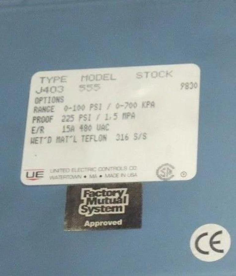 NEW UNITED ELECTRIC TYPE J403 MODEL 555 PRESSURE SWITCH J403555 RANGE: 0-100 PSI