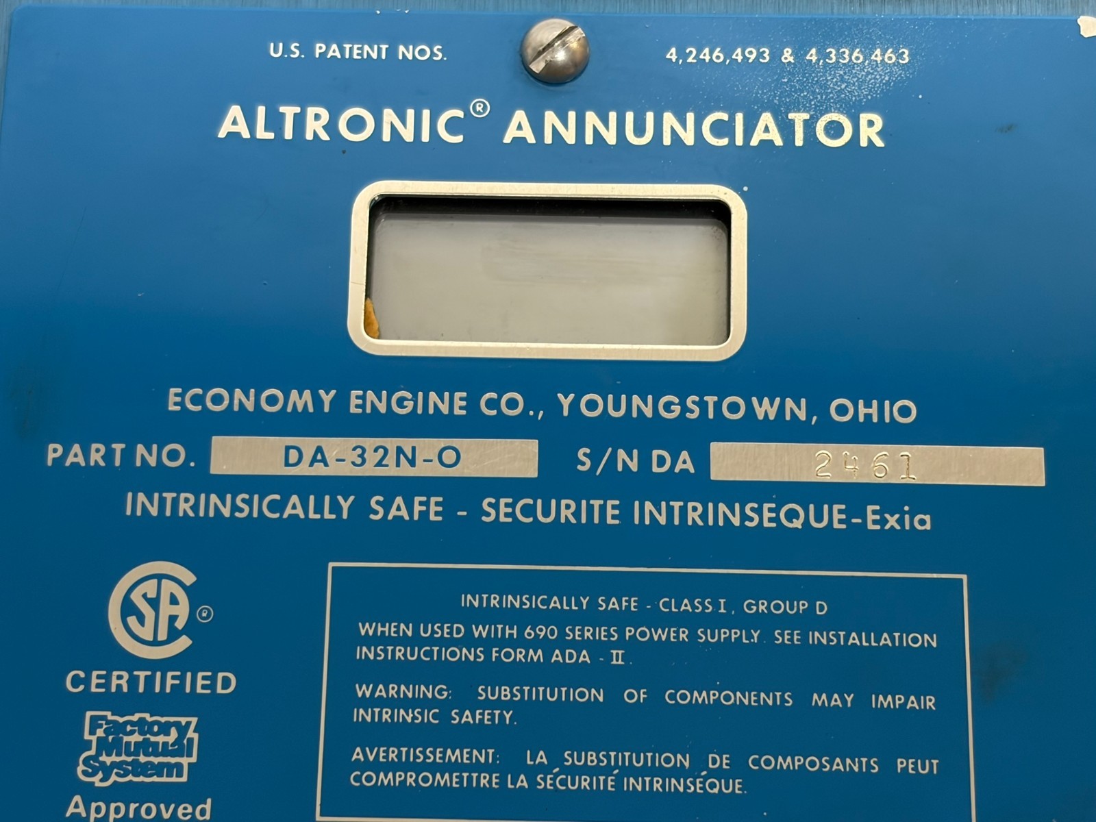 Used Altronic DA-32N-O Digital Annunciator 32-Point Intrinsically Safe Panel