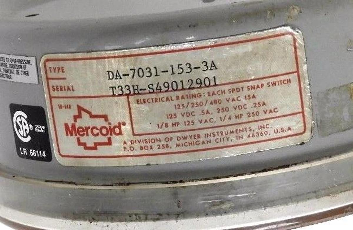 Used MERCOID DA-7031-153-3A PRESSURE SWITCH DA70311533A