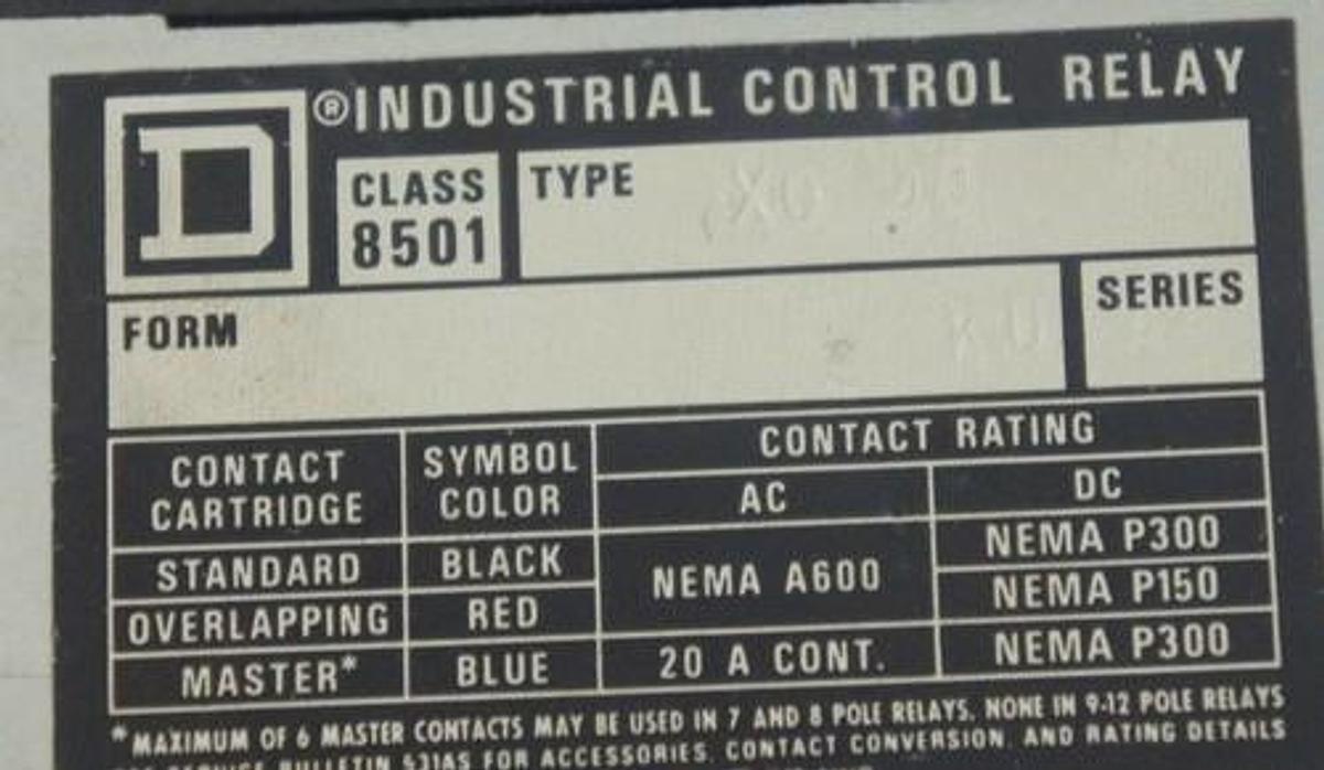 Used SQUARE D 8501-X0-40 TYPE X CONTROL RELAY SER A FORM KU 8501XO40 8501X040