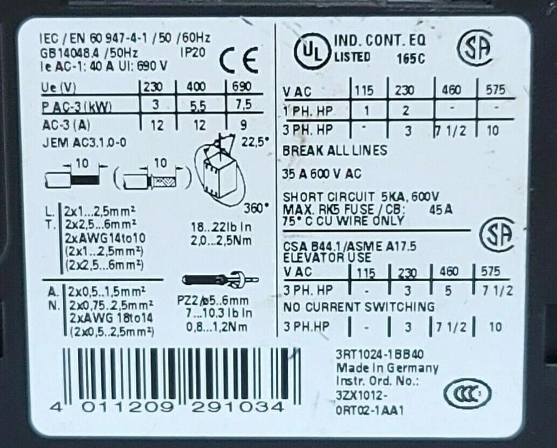 Used SIEMENS 3RT1024-1BB40 CONTACTOR 3RT10241BB40, 40 AMP 3 POLE
