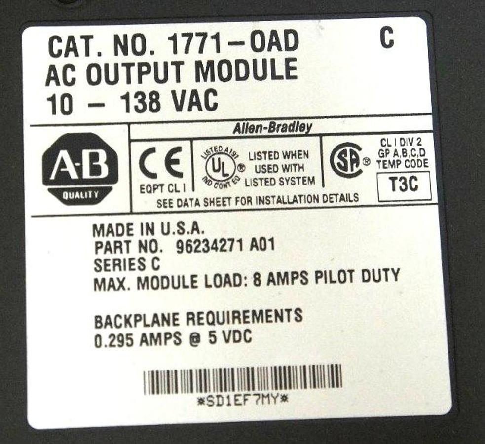 Used ALLEN BRADLEY 1771-OAD C OUTPUT MODULE P/N 96234271 A01 SER C 17710ADC
