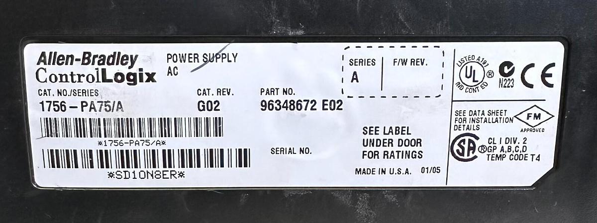 Used ALLEN BRADLEY 1756-PA75 /A ControlLogix AC POWER SUPPLY CHASSIS MOUNT 1756PA75