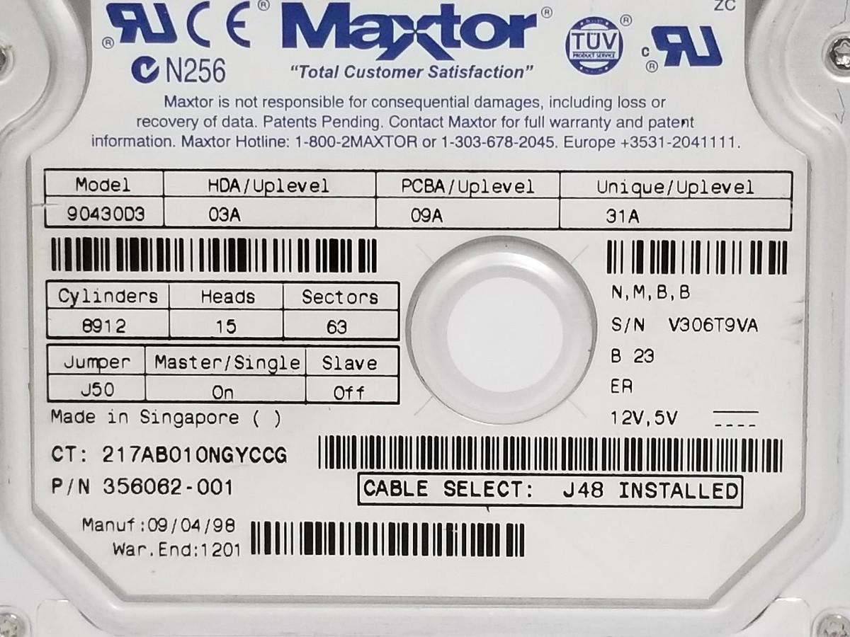Used MAXTOR 90430D3 3.5" ITE HARD DRIVE 4.3GB, 356062-001