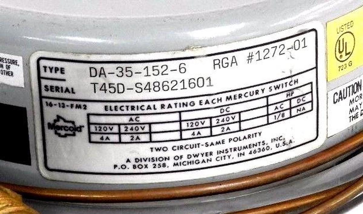 Used NEW MERCOID DA-35-152-6 PRESSURE SWITCH RGA #1272-01, DA351526
