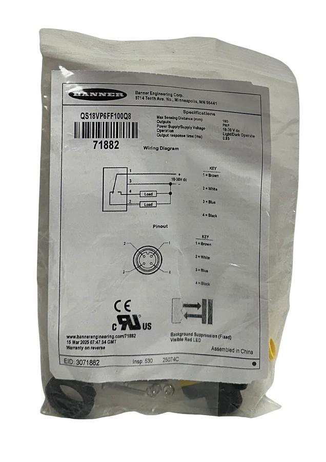 BANNER QS18VP6FF100Q8 / 71882 PHOTOELECTRIC SENSOR QS18 SERIES 10-30VDC PNP NSMP