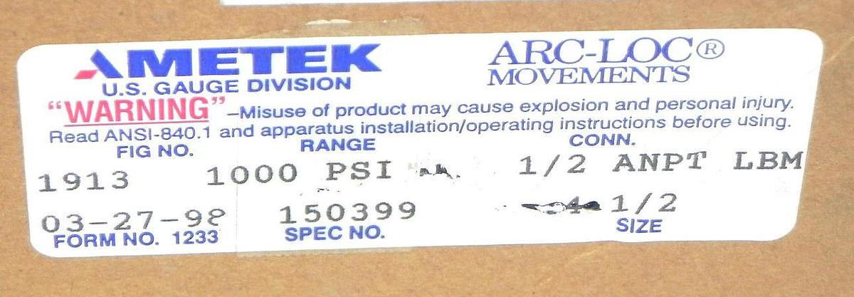 Used NEW IN BOX AMETEK GAUGE FORM NO. 03-27-98 SPEC NO. 150399 FIG NO. 1913