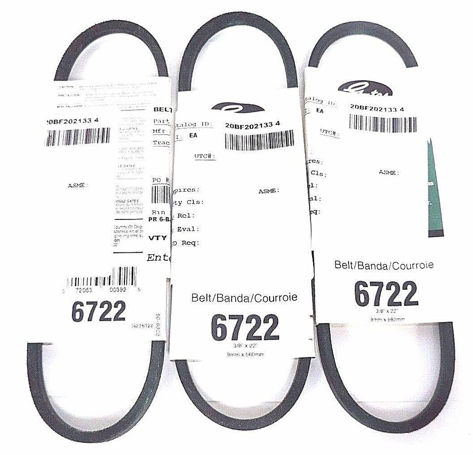 Used LOT OF 3 NEW GATES 6722 V-BELTS 22'' LG, 3/8'' WIDE
