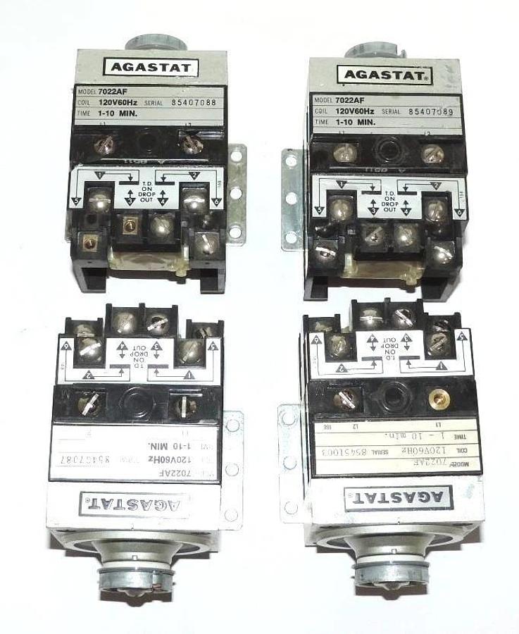 Used LOT OF 4 AGASTAT 7022AF TIME DELAY RELAYS, 120 V, 60 HZ, 1-10 MINUTES, W/O DIALS