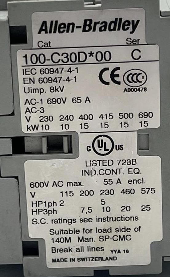 Used Allen-Bradley 100-C30D*00 Ser C IEC Contactor 30A 3Pole 600V w/ TC714M COIL NSNP