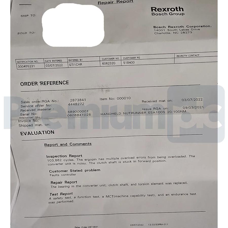 Refurbished Bosch Rexroth ESA100S | 0608841025 Handheld Nutrunner 20-100NM 3~230V REPAIRED