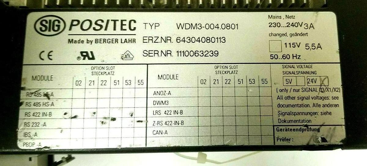 Used SIG POSITEC BERGER LAHR WDM3-004.0801 REV. 09 SERVO DRIVE WDM30040801