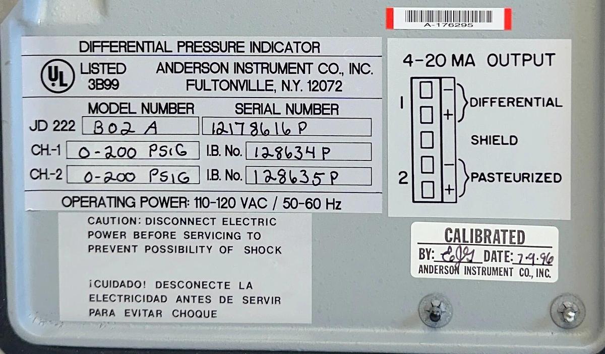 Used For Parts ANDERSON JD222-B02A / JD222B02A DIFFERENTIAL PRESSURE INDICATOR 4-20mA