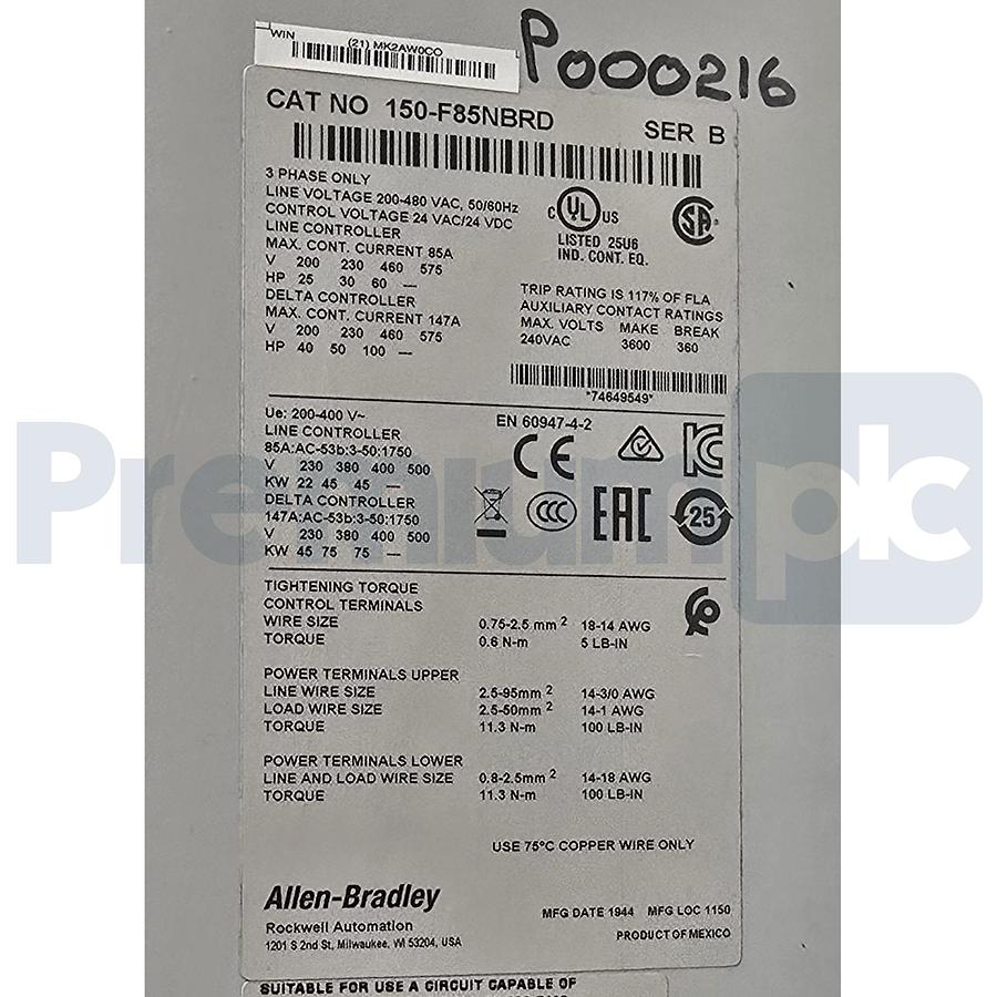 Used Allen-Bradley 150-F85NBRD /B SMC-3 Smart Motor Controller Soft Starter 3Ph 85A