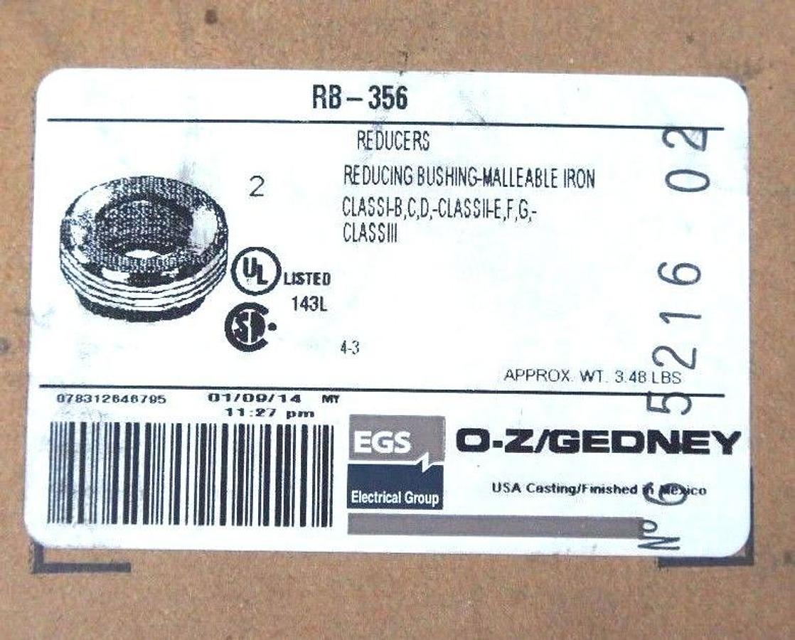 NIB EGS OZ GEDNEY RB-356 REDUCING BUSHING MALLEABLE IRON