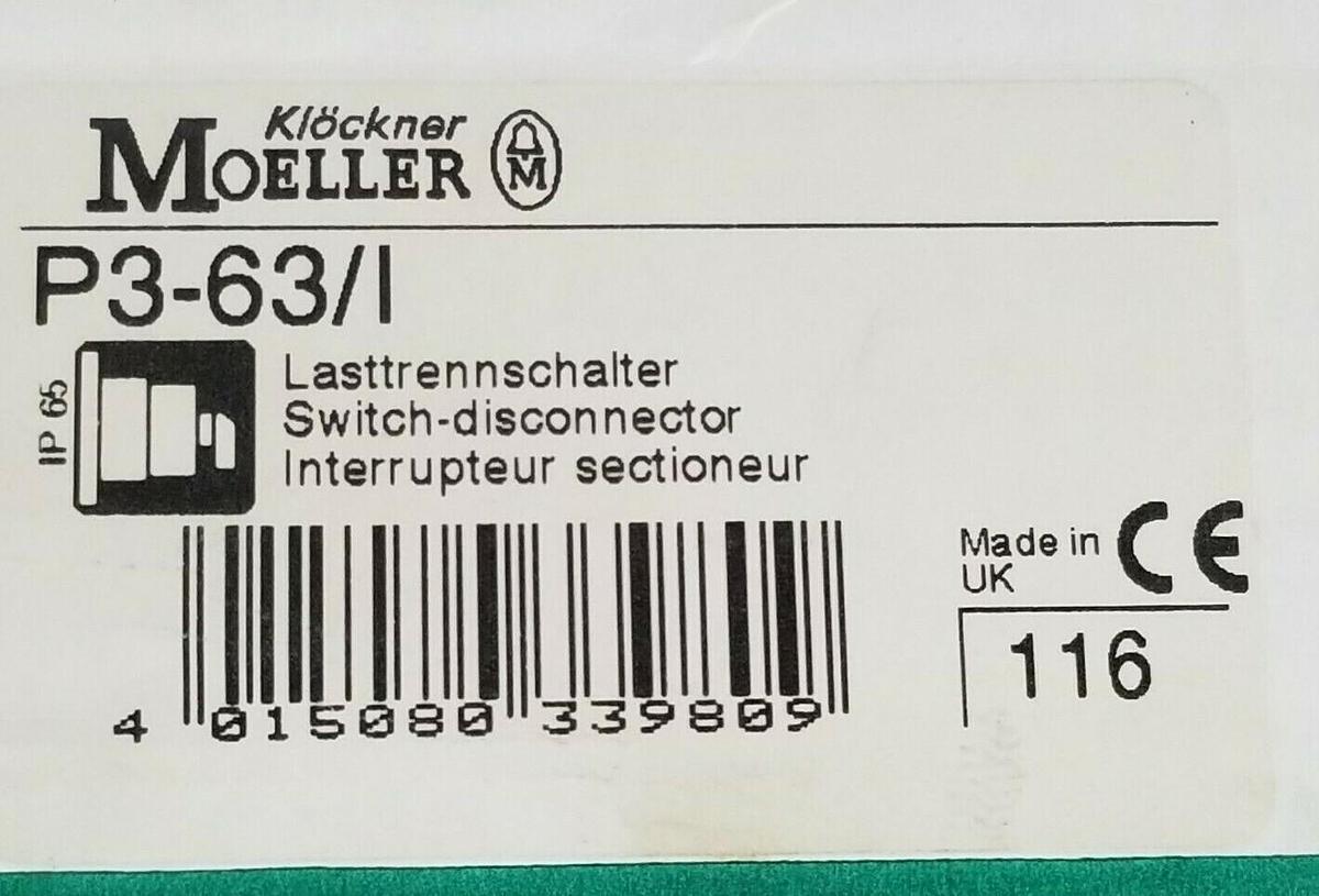 Used NIB KLOCKNER MOELLER P3-63/I DISCONNECT SWITCH HOUSING P3-63/I/SVB (INCOMPLETE)