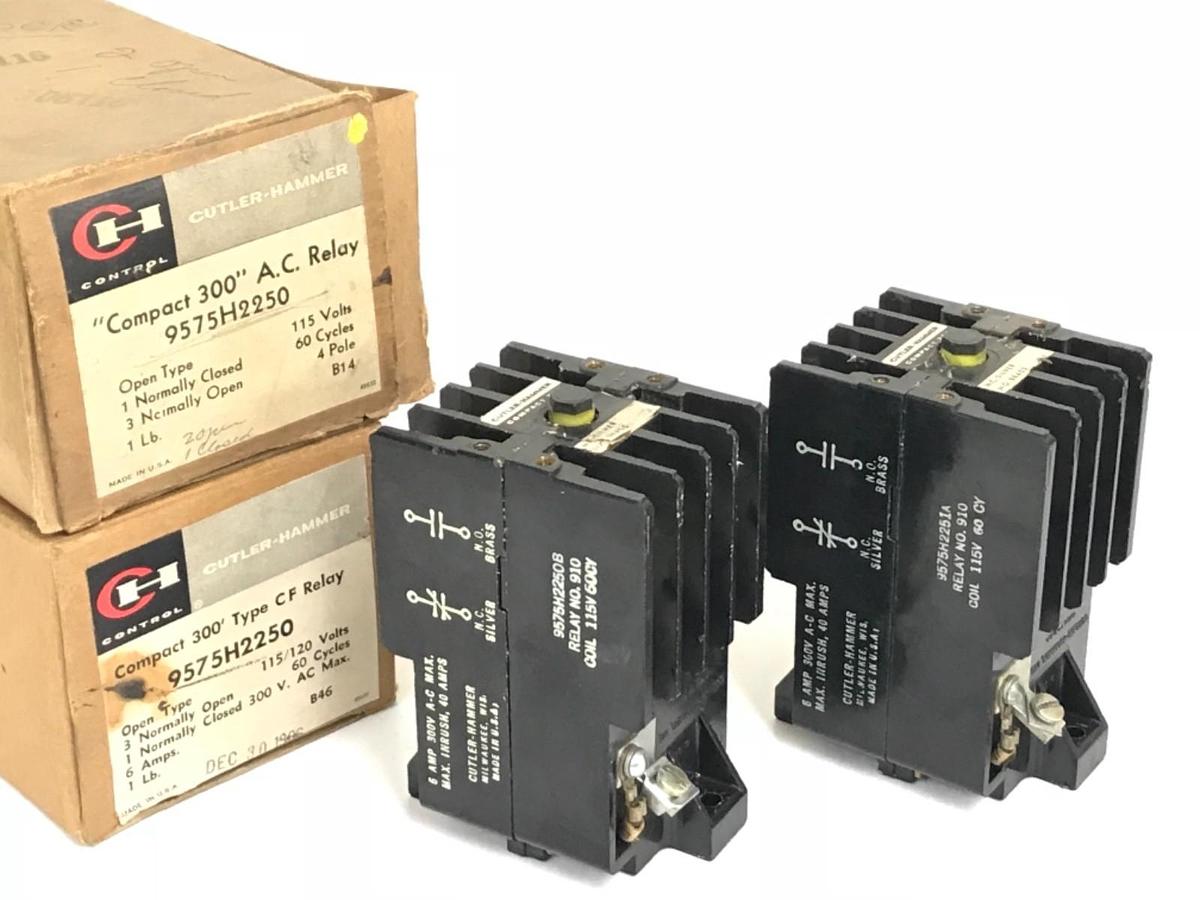 Used LOT OF 2 CUTLER-HAMMER 9575H2250 COMPACT 300 TYPE CF RELAYS 300VAC, 6A, 910