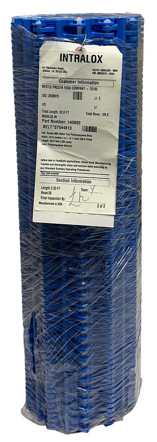 Used INTRALOX 140692 / 57544813 SERIES 800 MESH TOP BLUE BELT W=24'' L=20' 36L NSNP