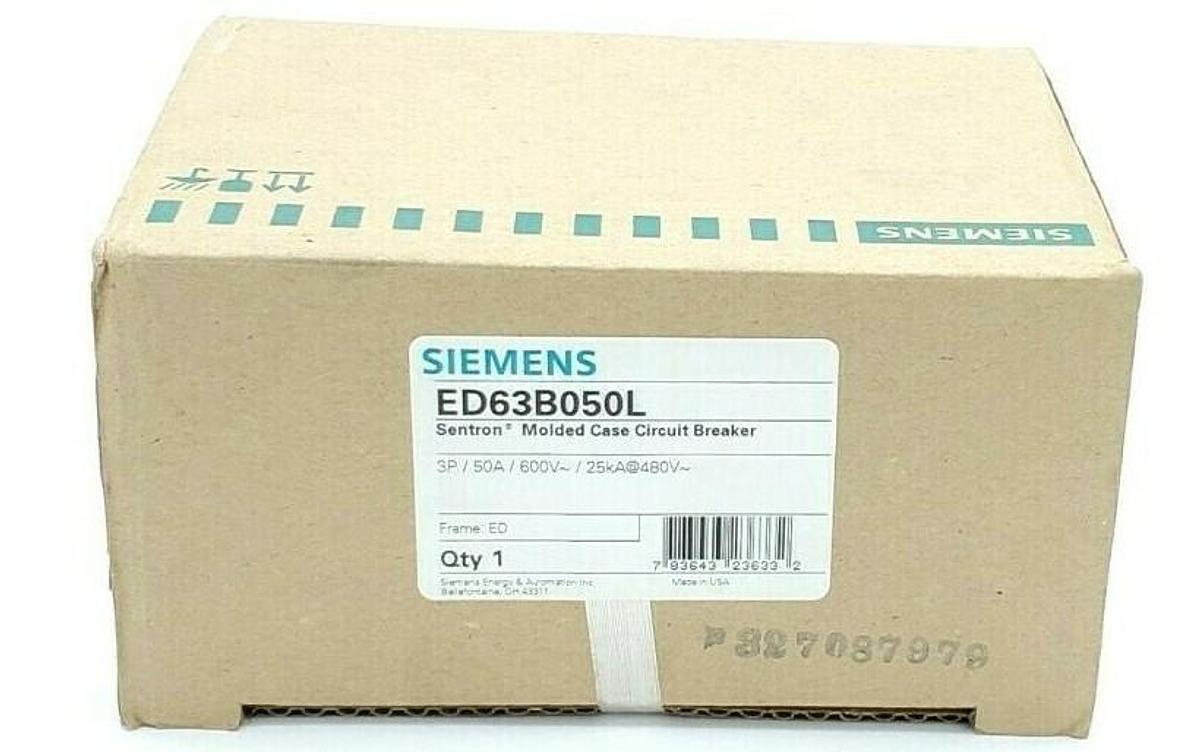 Used FACTORY SEALED SIEMENS ED63B050L SENTRON MOLDED CASE CIRCUIT BREAKER 3P, 50A