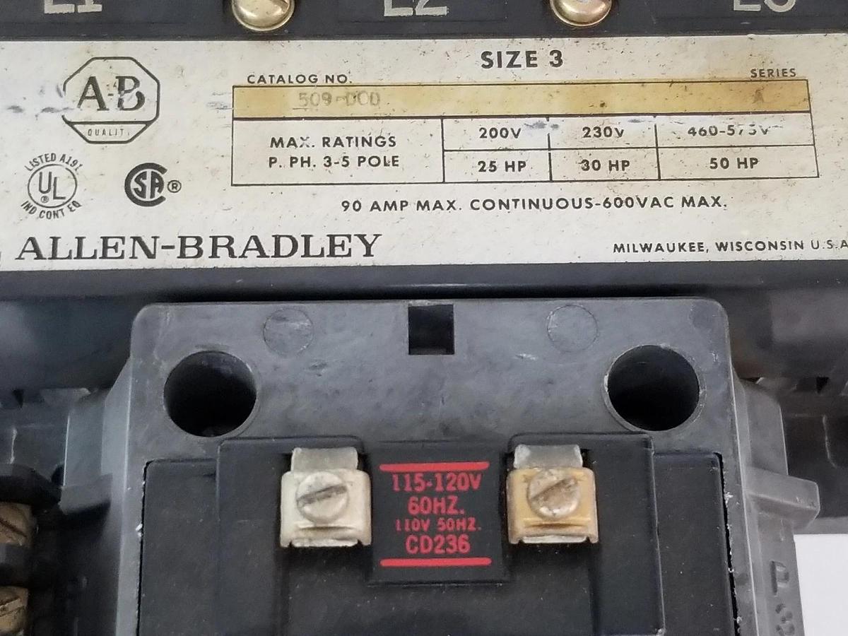 Used ALLEN BRADLEY 509-DOD STARTER SER. A, SIZE 3 120V/60HZ CD236 , 595-A , 592-DOW16