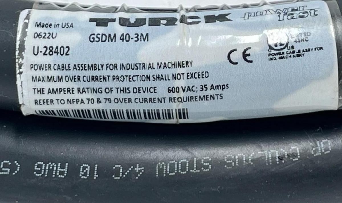 TURCK GSDM 40-3M PowerFast Cordset 3 Meter 4-Pin 1-3/8" D-Size Male Connector