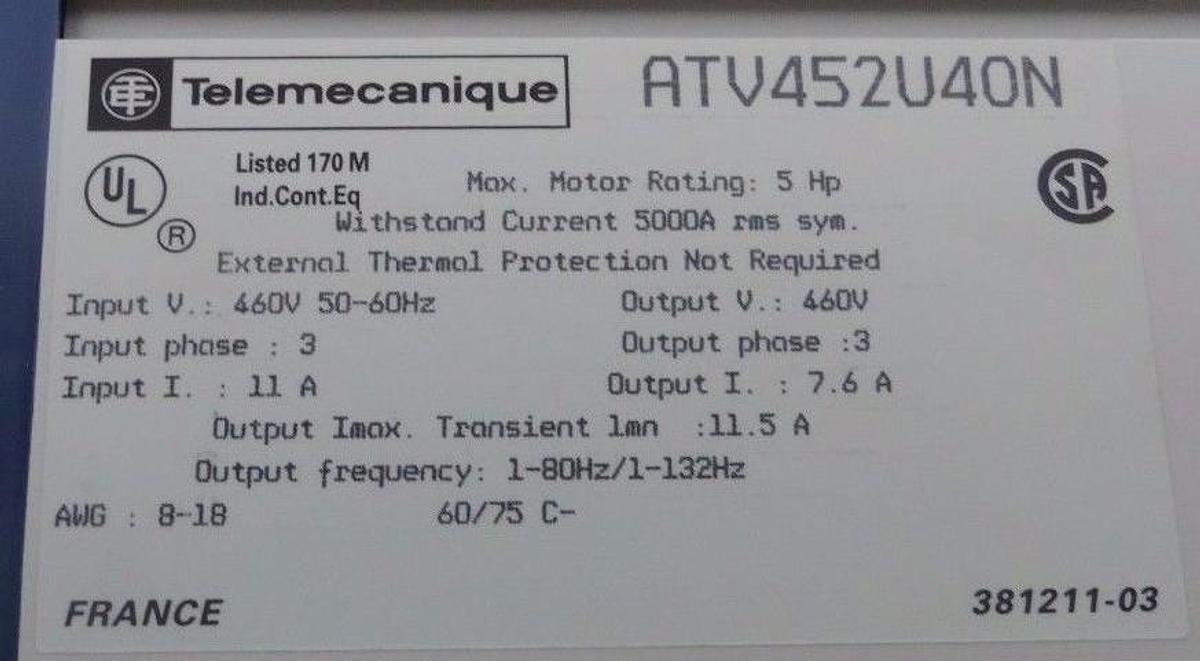 Used NIB TELEMECANIQUE ATV452U40N ALTIVAR 5 DRIVE INVERTER SERIE 45 2 5HP 460V 11A