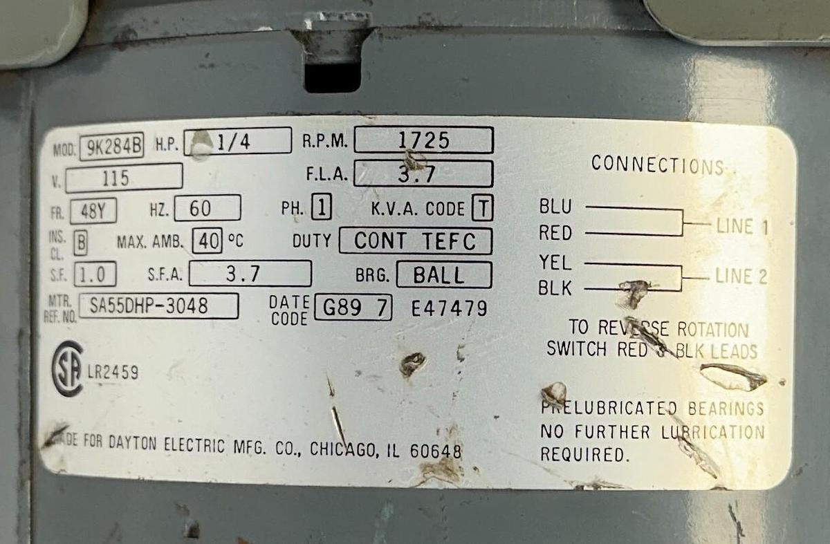 Used DAYTON 9K284B ELECTRIC MOTOR 1/4HP 115V 1725RPM 60Hz 48Y FRAME 1-PHASE USNP