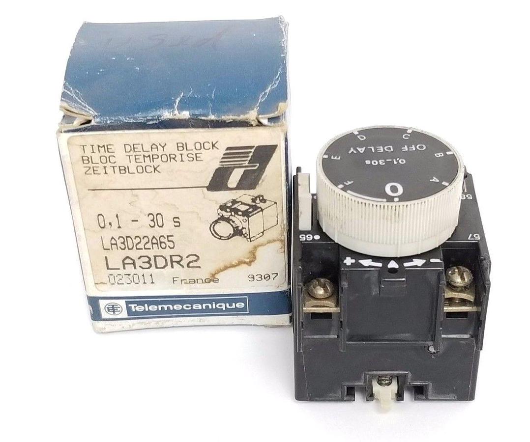 Used TELEMECANIQUE LA3D22A65 TIME DELAY BLOCK 10AMP .1-30SEC 500VAC 1NO/1NC, LA3DR2