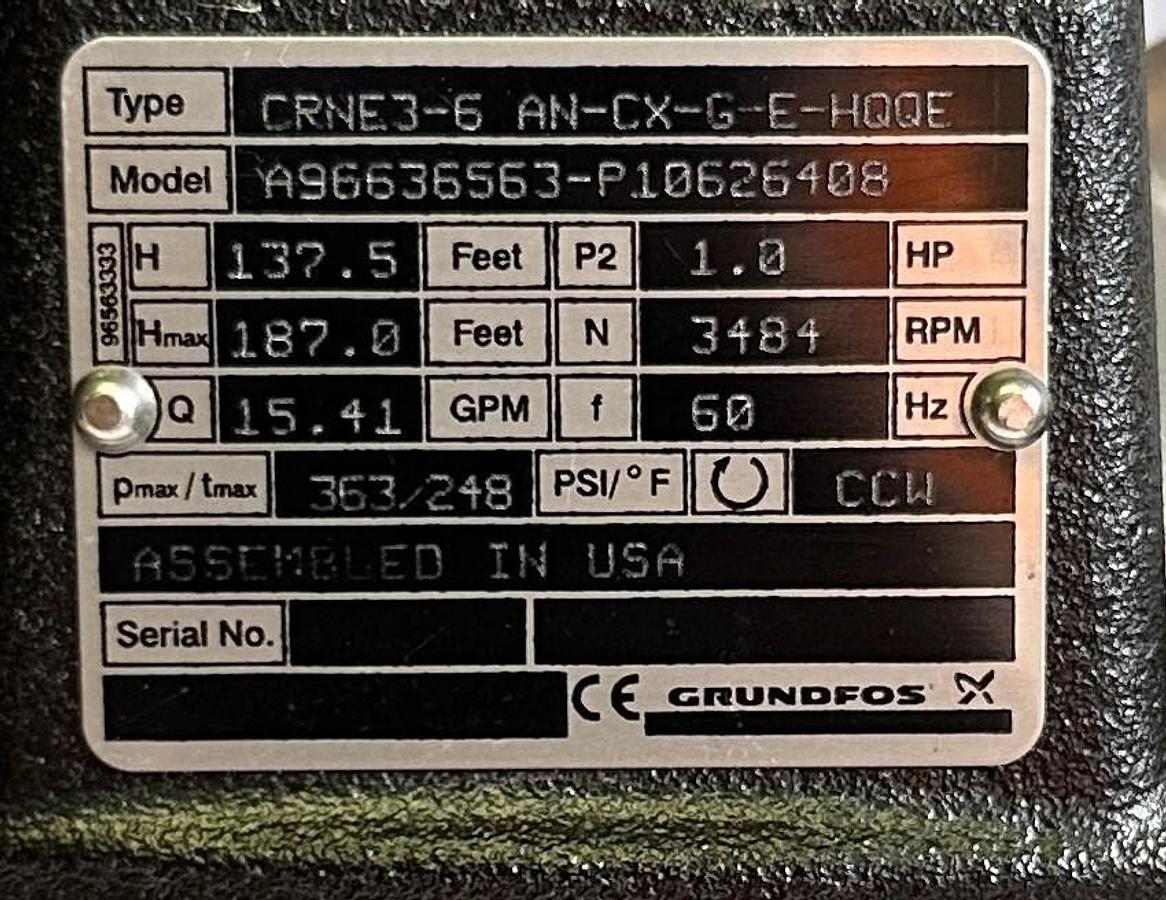 Used NEW GRUNDFOS A96636563-P10626408 CRNE3-6 AN-CX-G-E-HQQE PUMP ONLY 1HP 15.41GPM