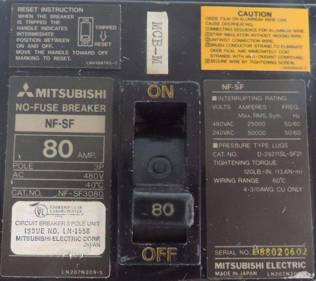 Used MITSUBISHI NF-SF3080 NO-FUSE CIRCUIT BREAKER 80A 3POLE 480VAC NF-SF *SMALL CHIP*