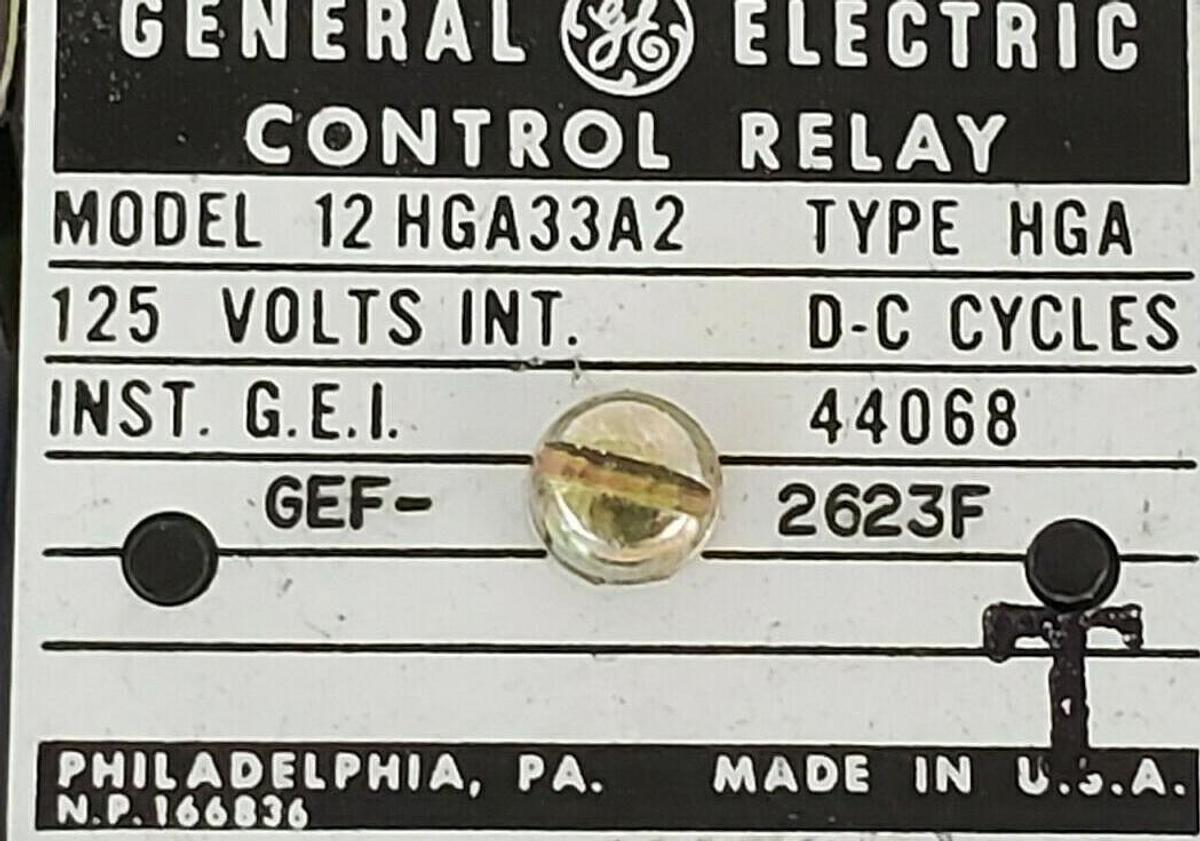 Used GENERAL ELECTRIC 12-HGA33A2 AUXILIARY CONTROL RELAY 125V HGA-33A2 12HGA33A2