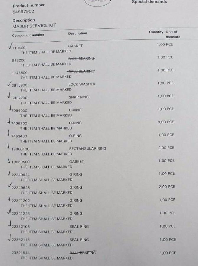 Used NEW ALFA LAVAL 54997902 CENTRIFUGE MAJOR SERVICE KIT W/O BEARINGS