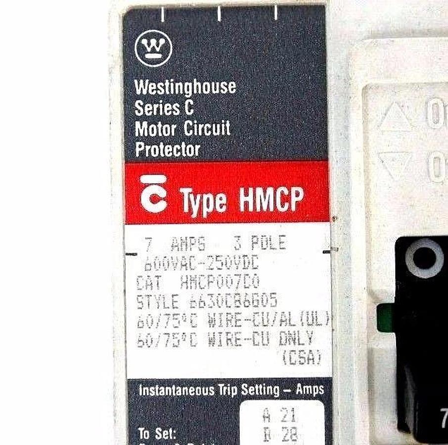 Used WESTINGHOUSE HMCP007C0 CIRCUIT BREAKERS STYLE# 6630C86G05, 7 AMP