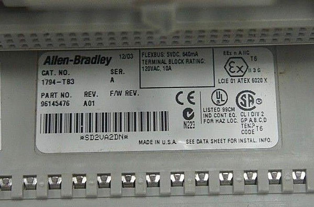 Used ALLEN BRADLEY 1794-TB3 TERMINAL BASE 1794TB3 SER. A REV. A01 P/N: 96145476