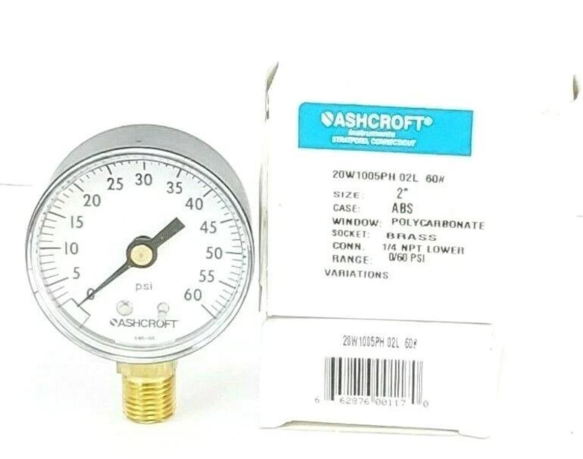 Used LOT OF 2 NIB ASHCROFT 20W1005PH 02L 60# PRESSURE GAUGES 0-60PSI, 1/4 NPT LOWER
