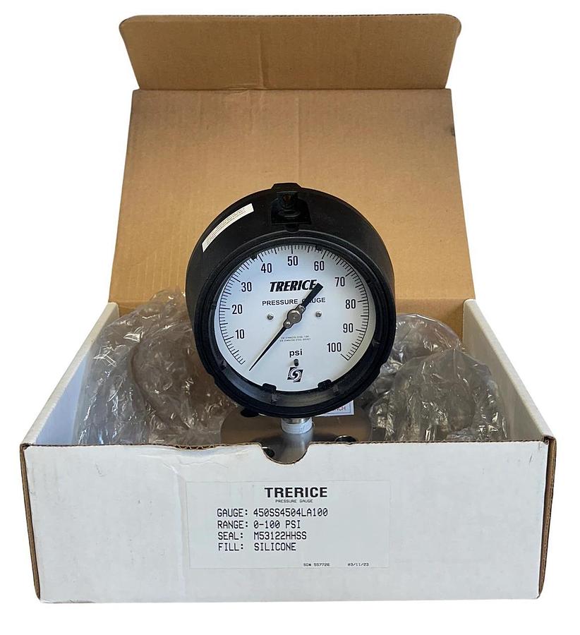 TRERICE 450SS4504LA100 / M53122HHSS PRESSURE GAUGE 0-100PSI SILICONE NSMP