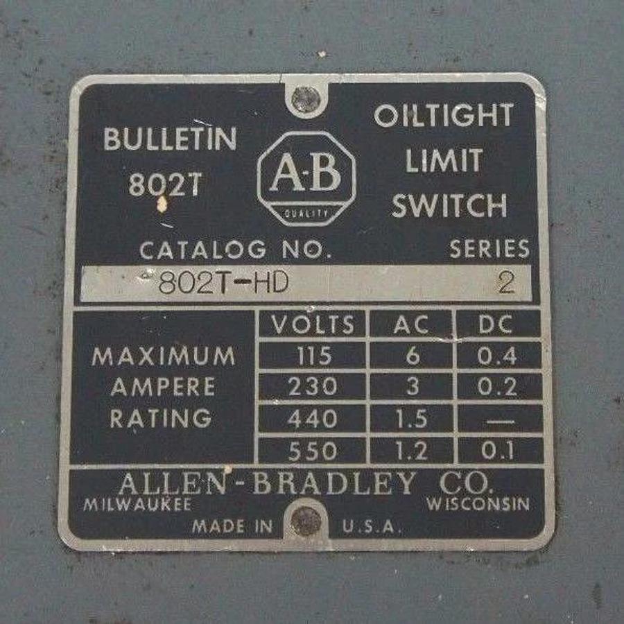 Used ALLEN BRADLEY 802T-HD LIMIT SWITCH SER 2, W/O HEADS, 802THD