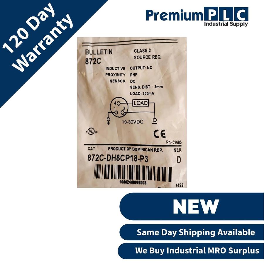 Used NEW ALLEN BRADLEY 872C-DH8CP18-P3 /D INDUCTIVE PROXIMITY SENSOR 18mm BARREL DIA.