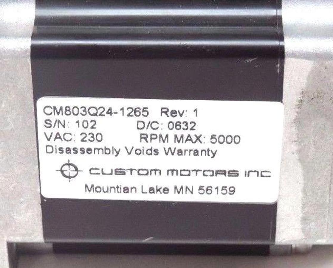 Used NIB CUSTOM MOTORS INC CM803Q24-1265 SERVO MOTOR REV 1230VAC 5000RPM MAX