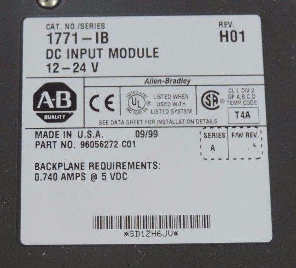 Used ALLEN BRADLEY 1771-IB INPUT MODULE SER A REV H01 12-24VDC P/N 96056272 C01