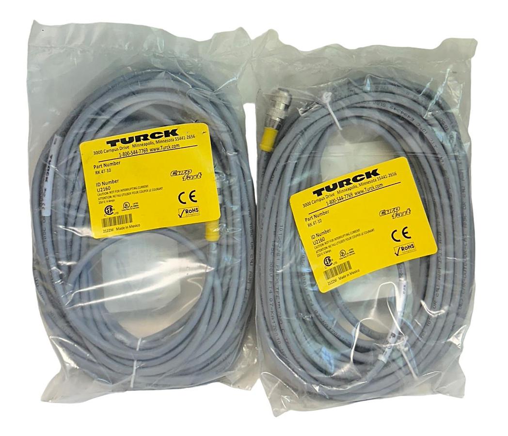 Used 2 TURCK RK 4T-10 / U2160 EURO FAST CONNECTOR CABLES 10M 4POS NSFS