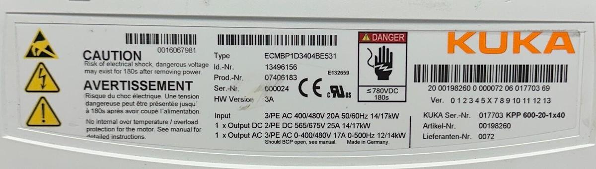 Used For Parts KUKA ECMBP1D3404BE531 / 13496156 / KPP 600-20-1x40 POWER PACK DRIVE