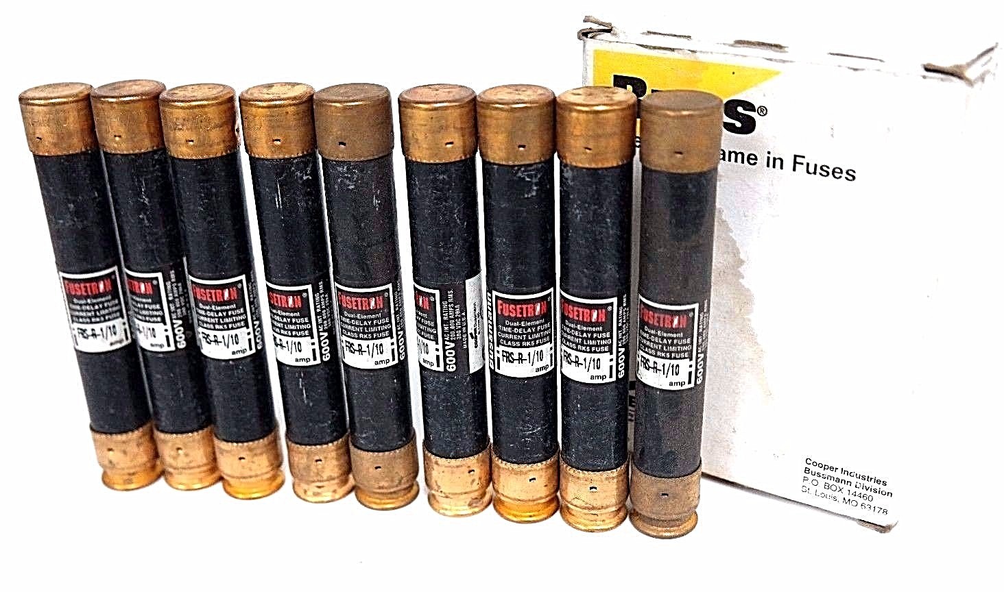 Used NIB COOPER BUSSMANN FRS-R-1/10 FUSETRON CLASS RK5 FUSES FRSR110, 600V (BOX OF 9)