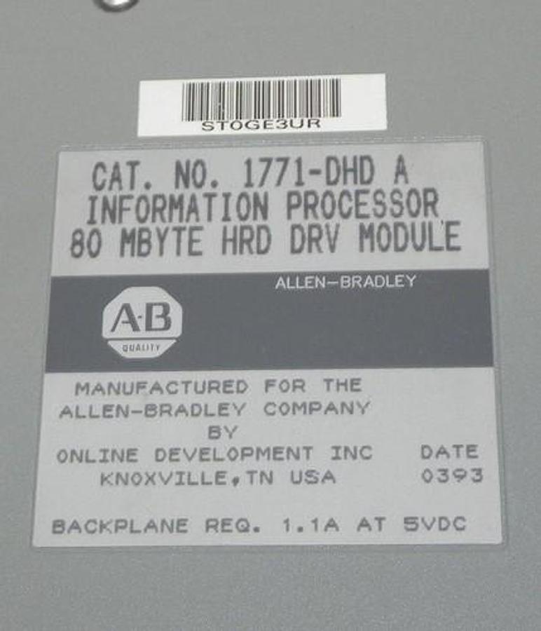 Used ALLEN BRADLEY 1771-DHD INFORMATION PROCESSOR 80 MBYTE HRD DRV MODULE 1771-DHD/A