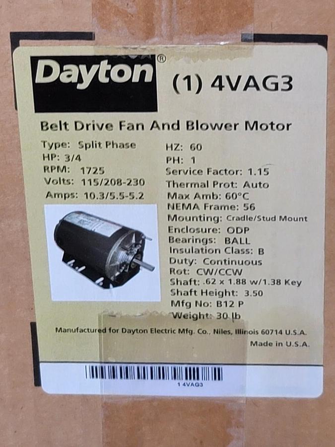 Used NEW DAYTON 4VAG3 BELT DRIVE FAN & BLOWER MOTOR 3/4HP 60Hz 1PHASE